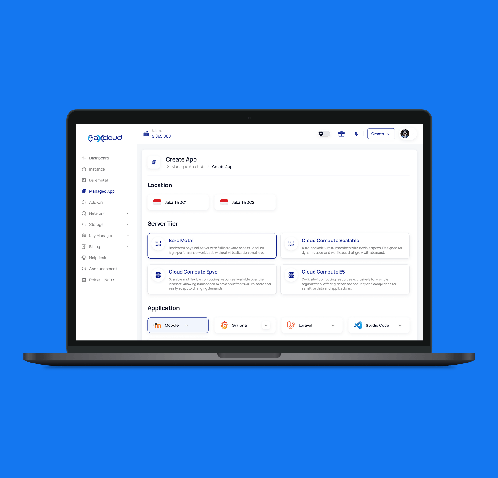 Maxcloud Create VM Page